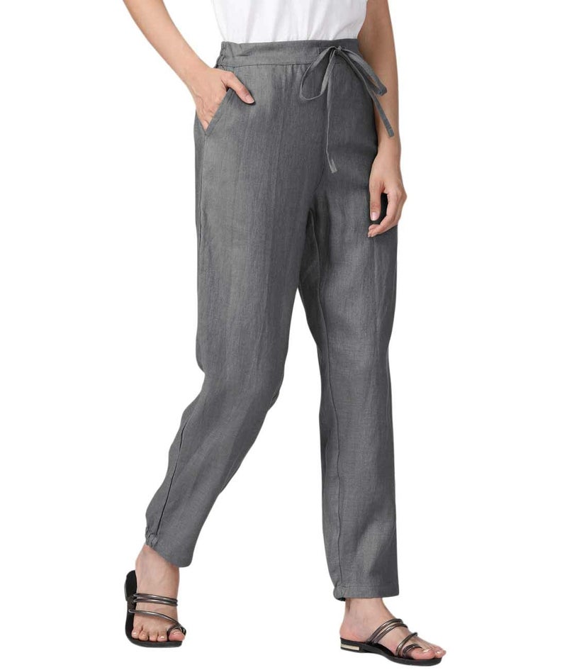 IXIMO Women's Tapered Pants 100% Linen Drawstring Back Elastic Waist Pants Trousers Dark Gray L - Image 2